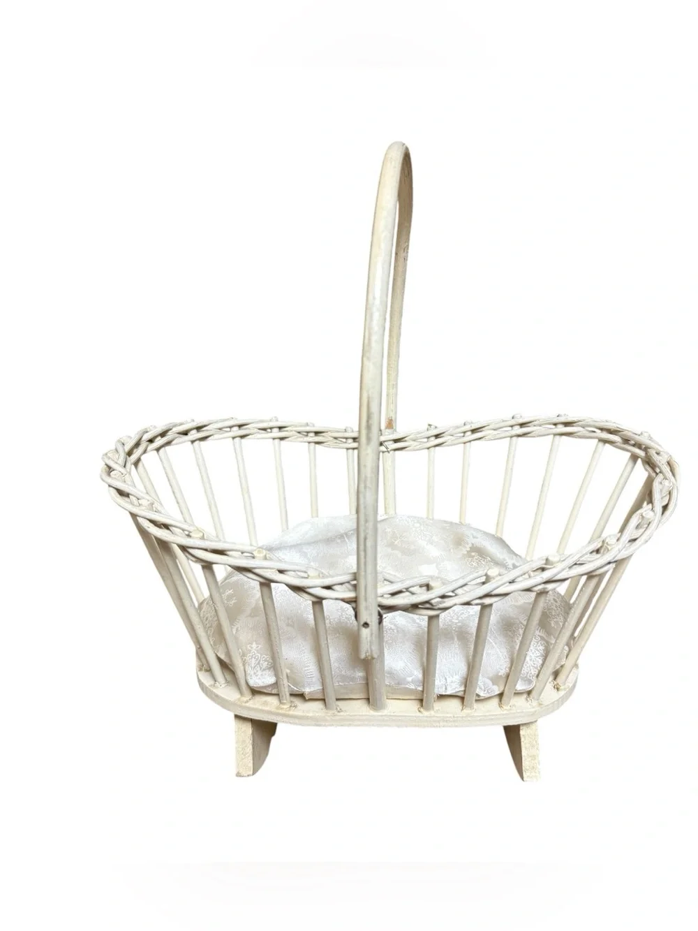 Vintage Wicker Baby Doll Bed With Soft Pillow Antique Off White